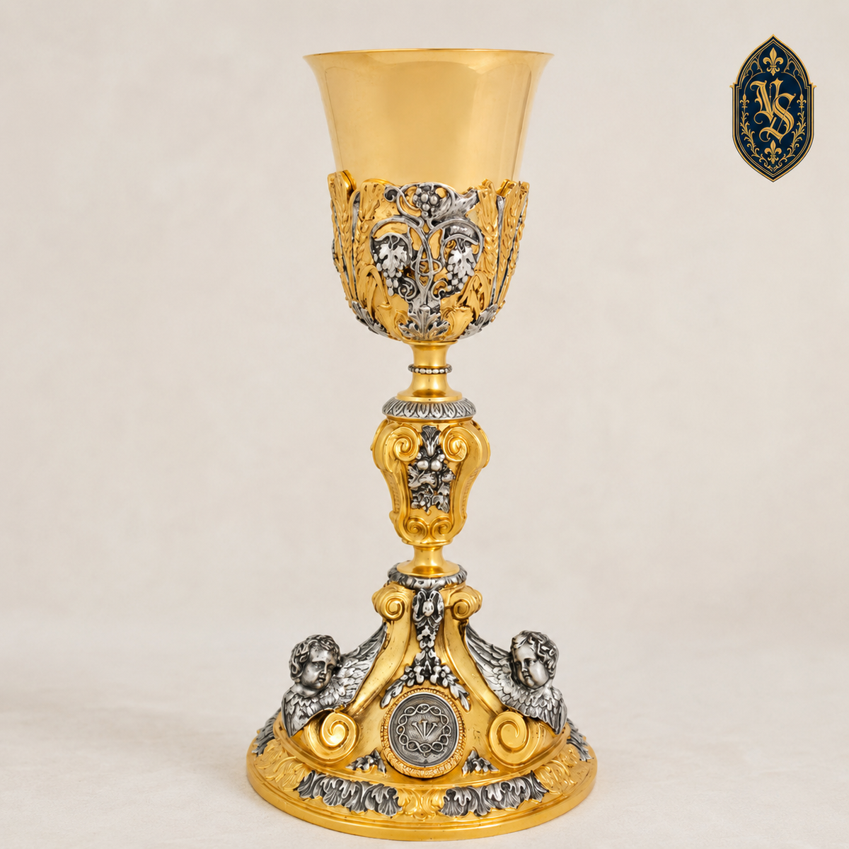 Kielich mszalny złocono-srebrzony, bogato zdobiony 27 cm – KSCM-007