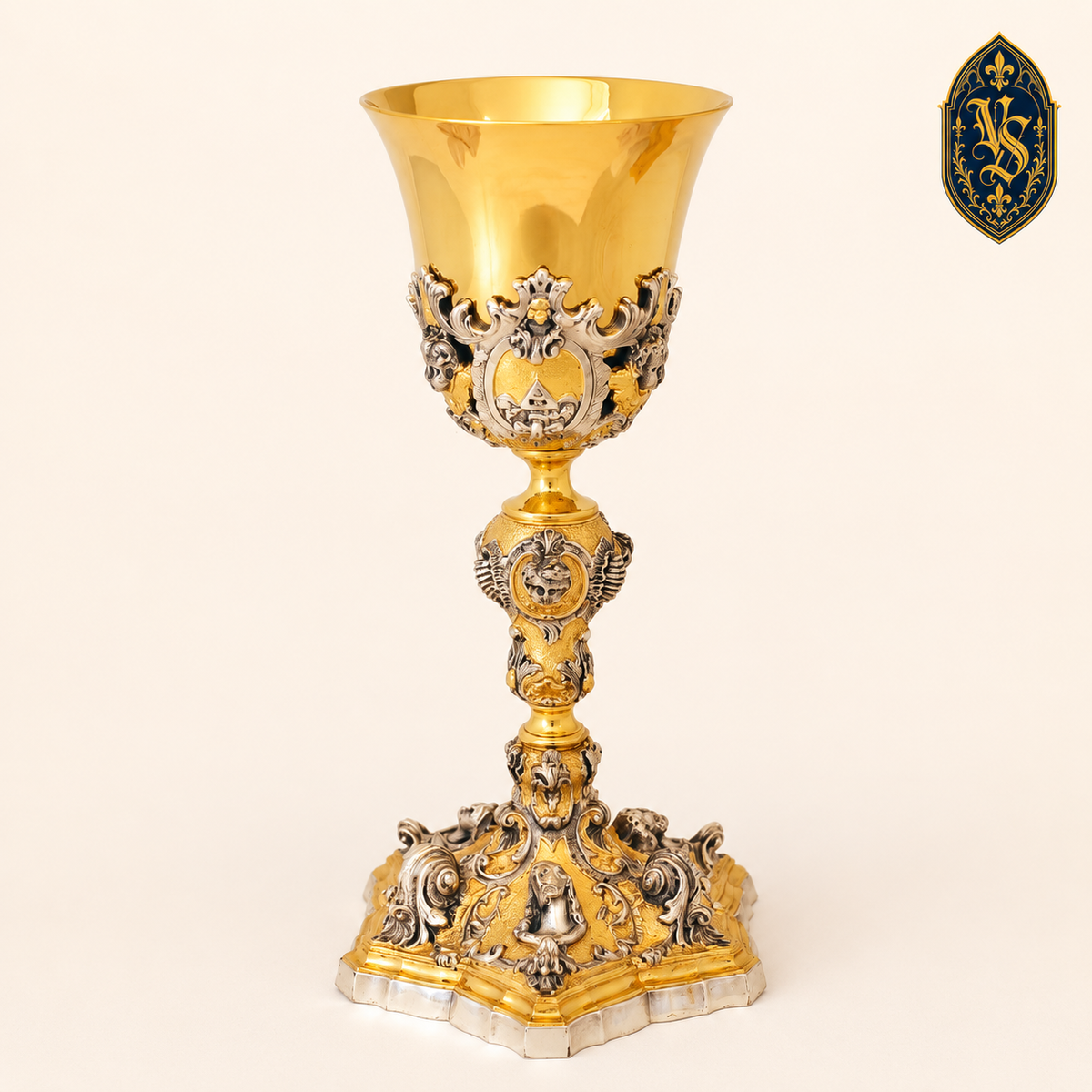 Kielich mszalny złocono-srebrzony, bogato zdobiony 23 cm – KSCM-008