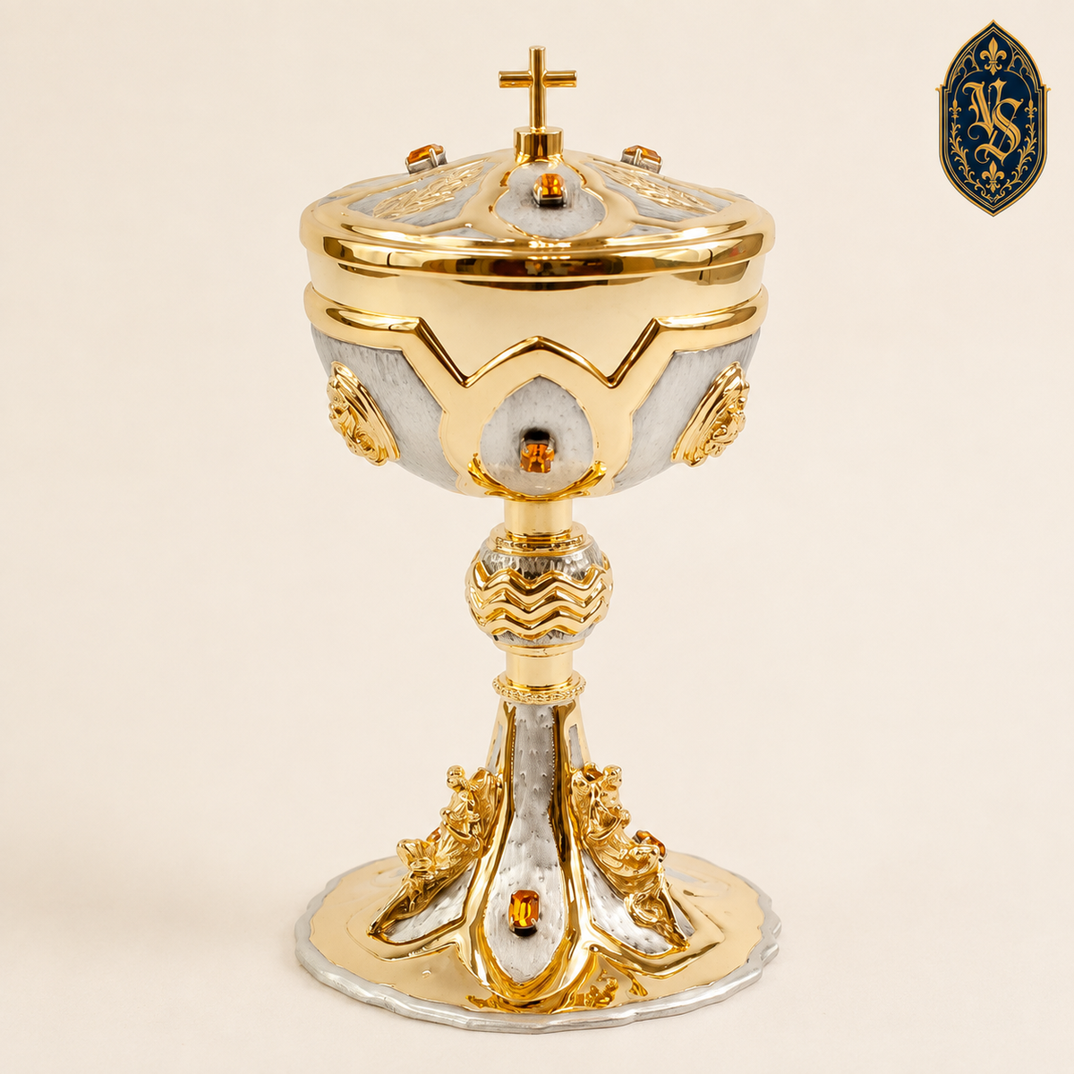 Cyborium liturgiczne bicolor z bursztynowymi kamieniami 25 cm – CBSCM-003