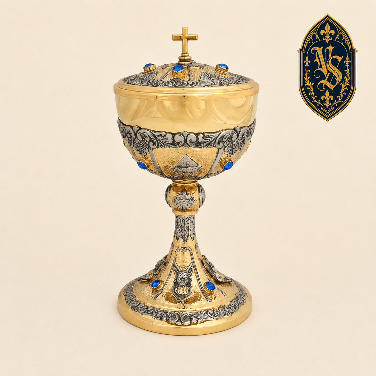 Cyborium liturgiczne bicolor z niebieskimi kamieniami 25,5 cm – CBSCM-004