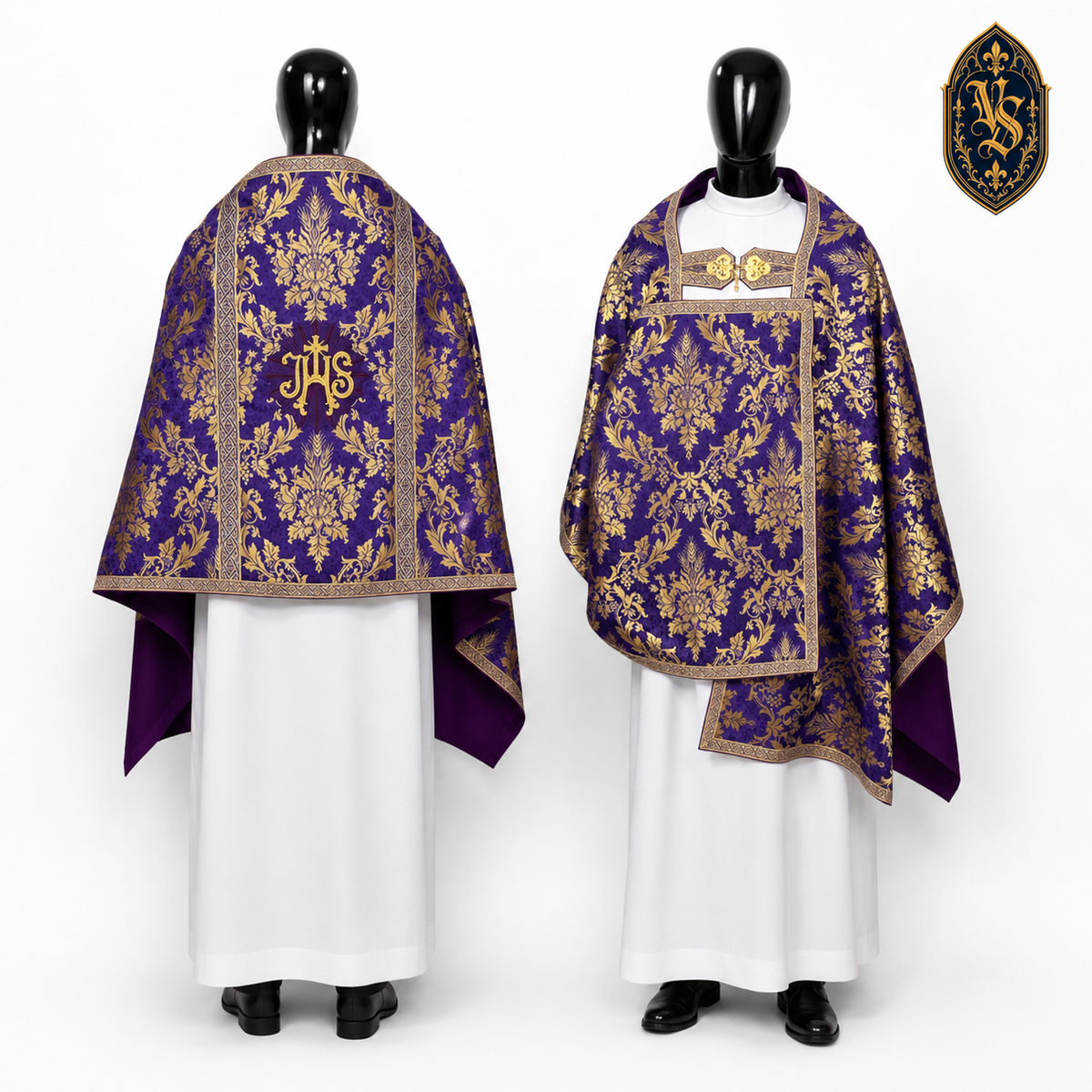 Welon liturgiczny fioletowo-złoty z haftem IHS – WLKRB-018