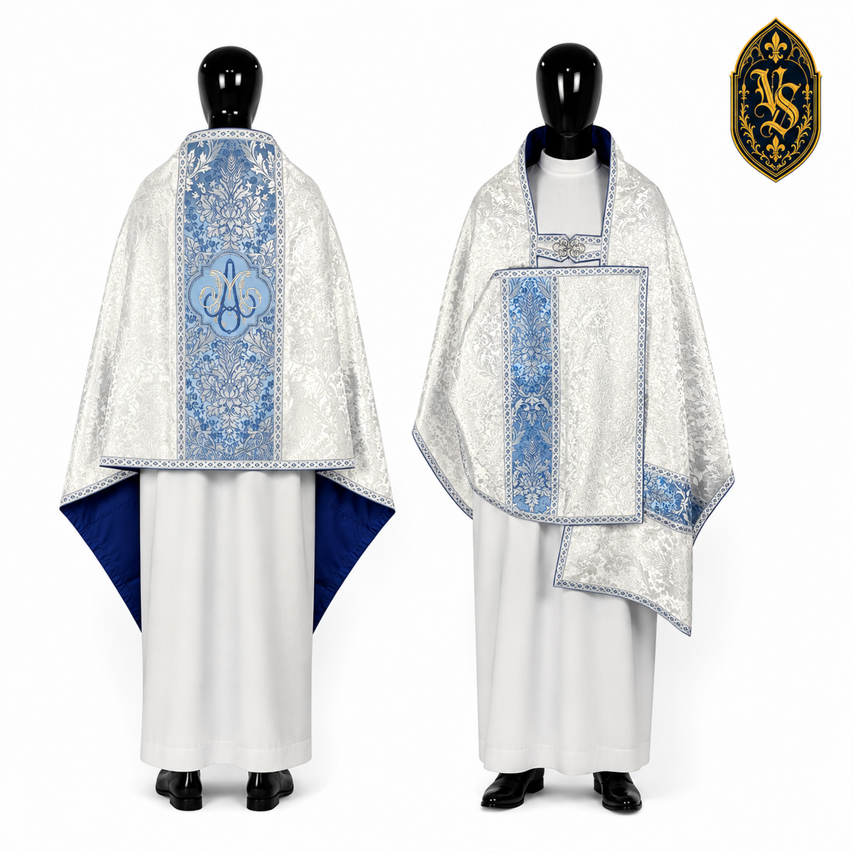 Welon liturgiczny maryjny biało-niebieski z monogramem – WLKRB-022