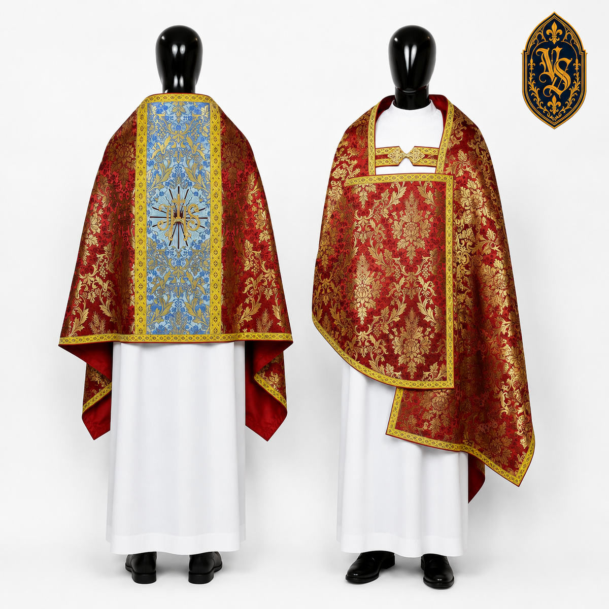 Welon liturgiczny czerwono-złoty z haftem IHS – WLKRB-020