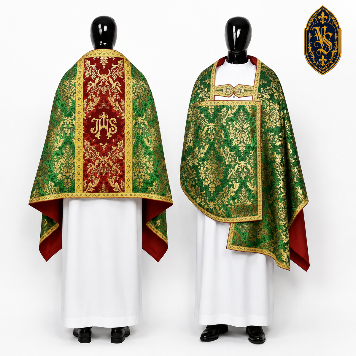 Welon liturgiczny zielono-złoty z haftem IHS – WLKRB-019