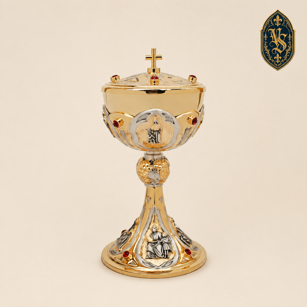 Cyborium liturgiczne złocone z czerwonymi kamieniami 25 cm – CBSCM-006
