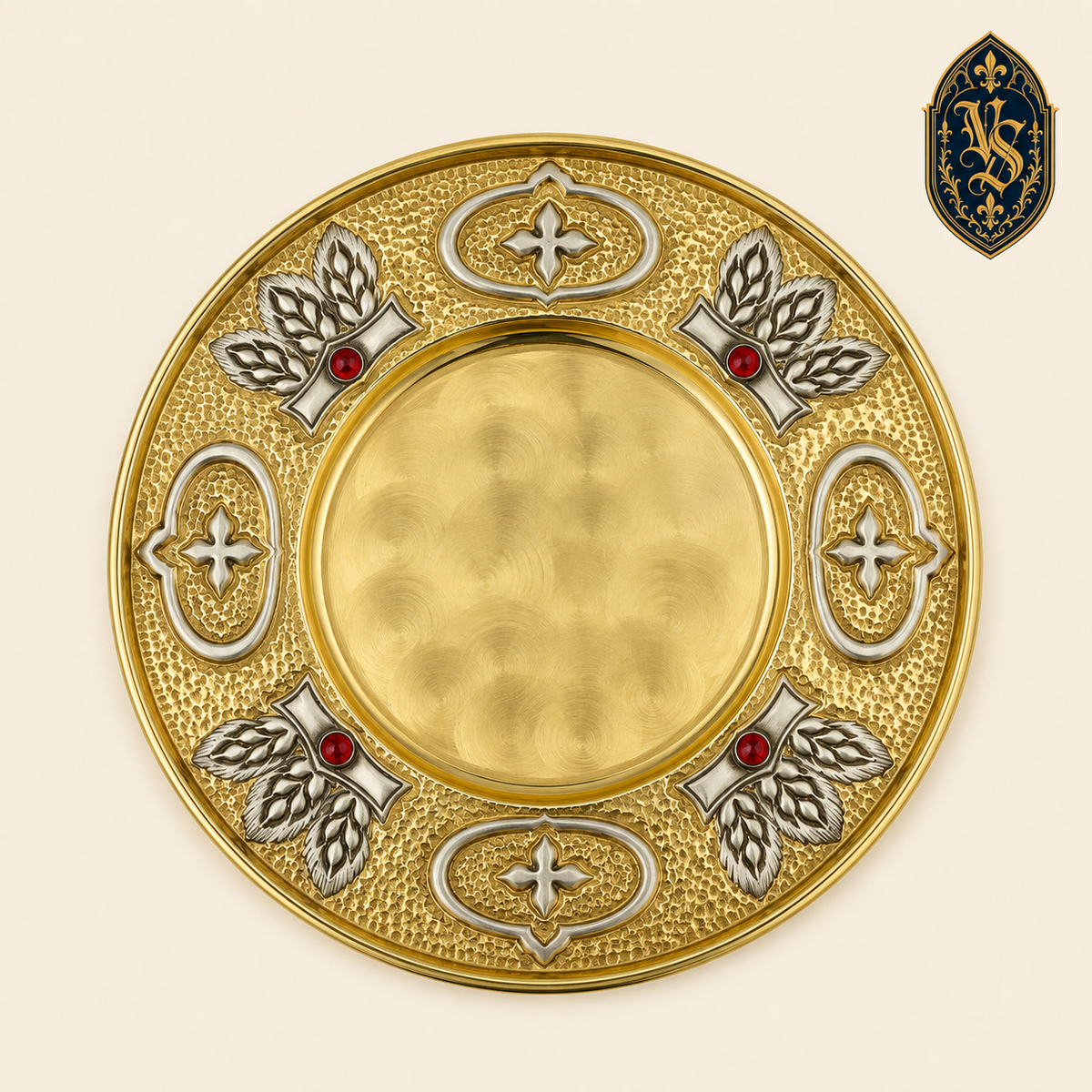 Patena liturgiczna złocona z czerwonymi kamieniami – PSCM-27