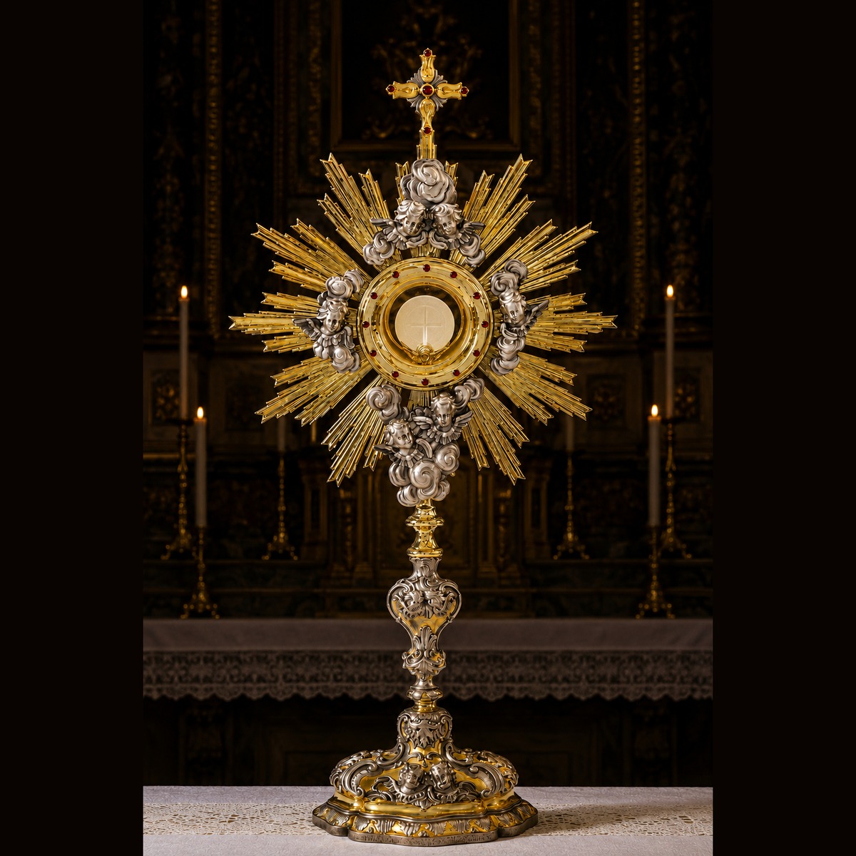 Monstrancja "Angelorum Lumen" z aniołami adorującymi Najświętszy Sakrament, wysokość 73 cm, SCM-011