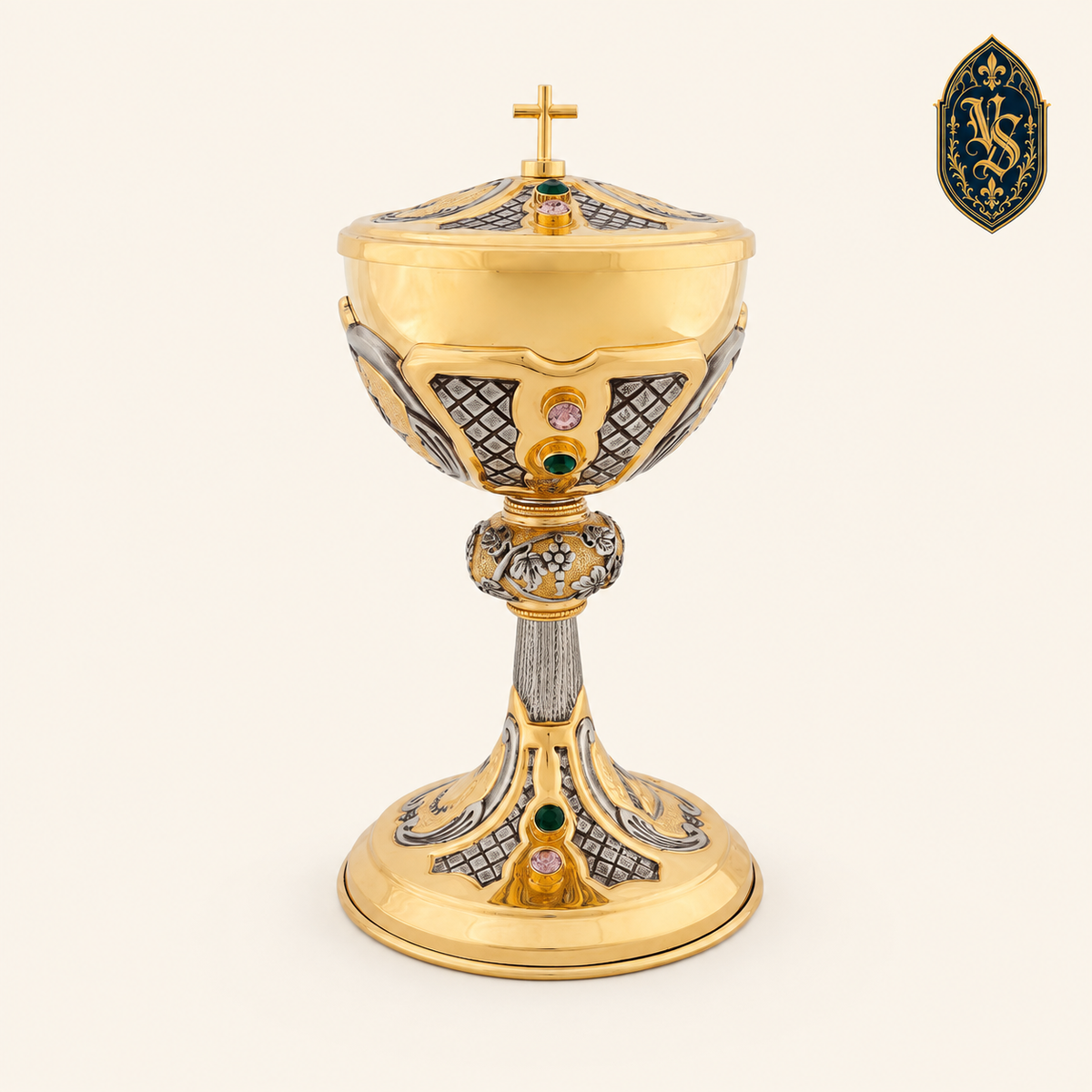 Cyborium liturgiczne złocone z kamieniami dekoracyjnymi 25 cm – CBSCM-009