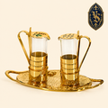 Pozłacany komplet ampułek liturgicznych na ozdobnej tacy 130 ml – ASCM-003
