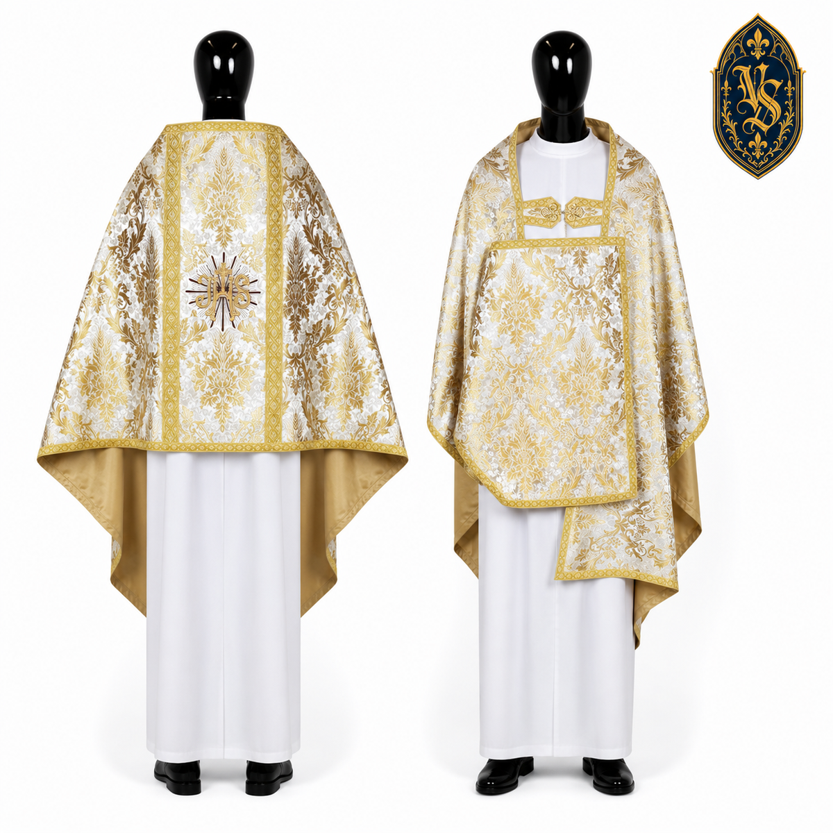 Welon liturgiczny biało-złoty z haftem IHS – WLKRB-023